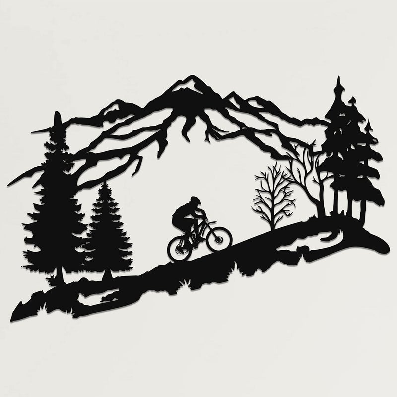 DEKADRON Metal Biker Wall Art, Mountain Tree and Cyclist Themed Wall Art, Metal Wall Decor, Bicycle Lover Gift, Home Decoration, Wall Hangings (24" W x 15" H / 60x38 cm) - Image 1